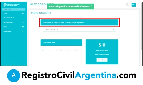 Paso 6 - Selecciona para que trámite necesitas tu partida y revisa el costo de la misma