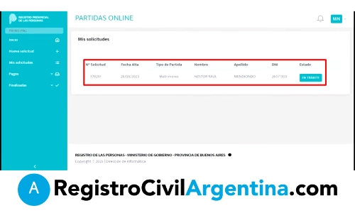 Paso 7 - La solicitud aparecerá en estatus de trámite y en unos dias estará lista para descargar