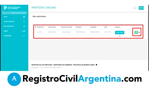 Paso 8 - En unos dias la solicitud aparecerá como finalizada y el documento aparecerá listo para descargar